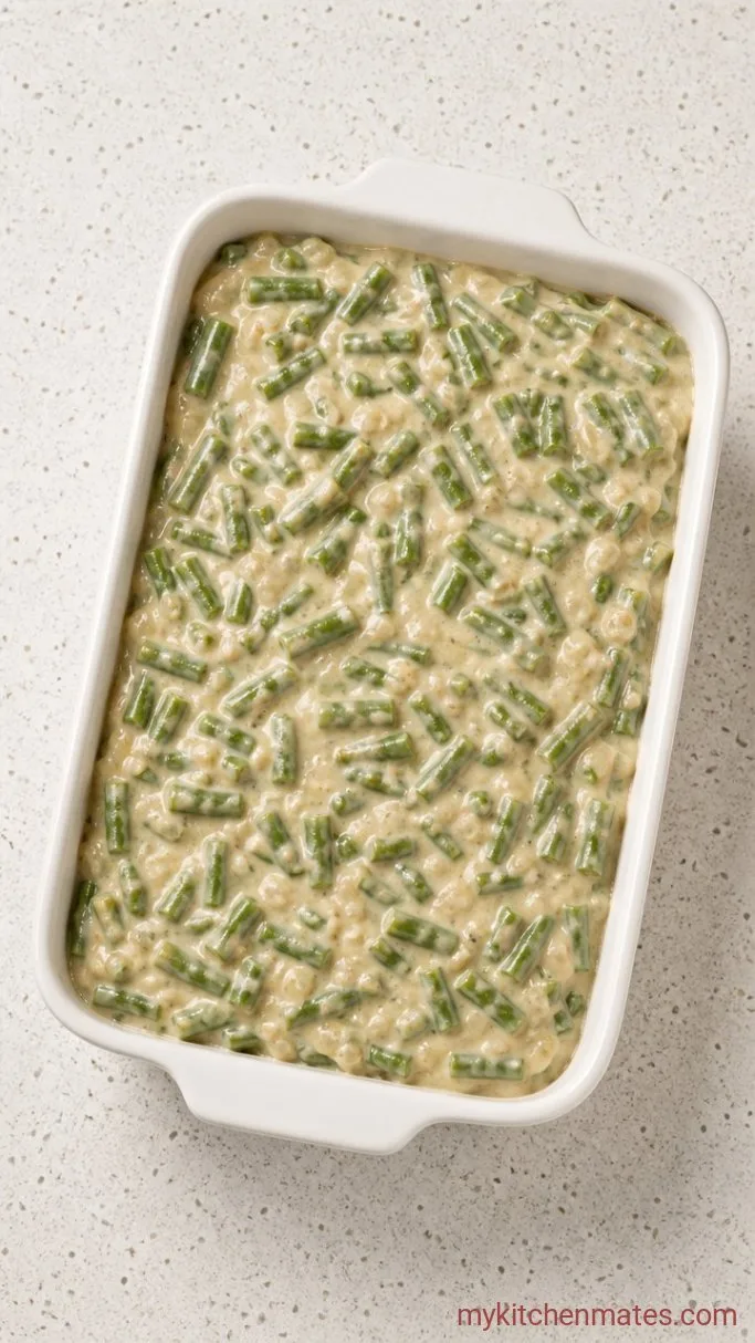Creamy Green Bean Casserole with Crispy Onions Step 2: Fold in the Green Beans