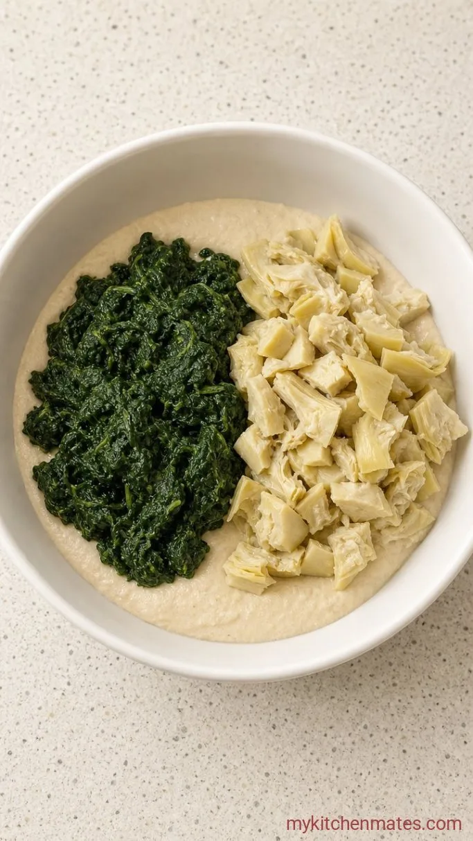 Creamy Vegan Spinach Dip in 10 Minutes Step 2: Fold in the Spinach and Artichokes