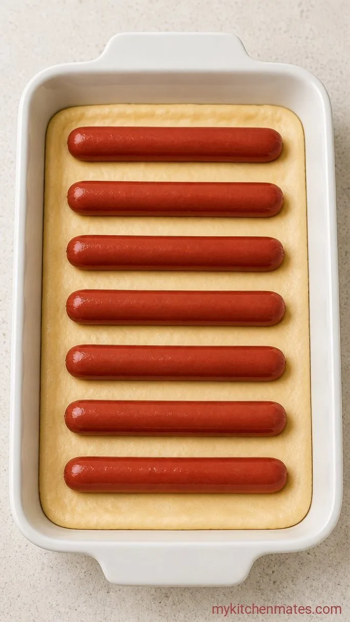30-Minute Chili Dog Casserole Step 2: Lay the Hot Dogs Over the Dough