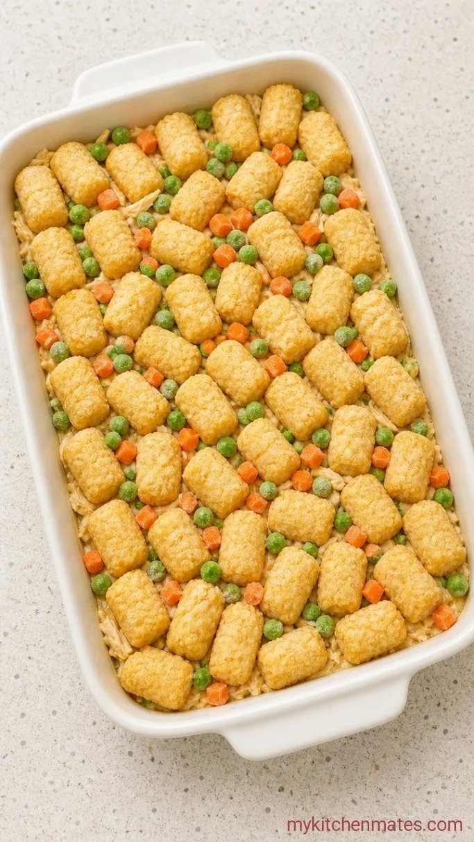 Cheesy Chicken Tater Tot Casserole Step 2: Layer and Top the Casserole
