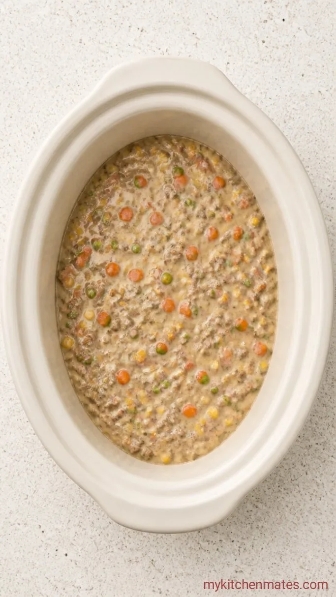 Hearty Crockpot Cowboy Casserole Step 2: Layer the Beef Mixture