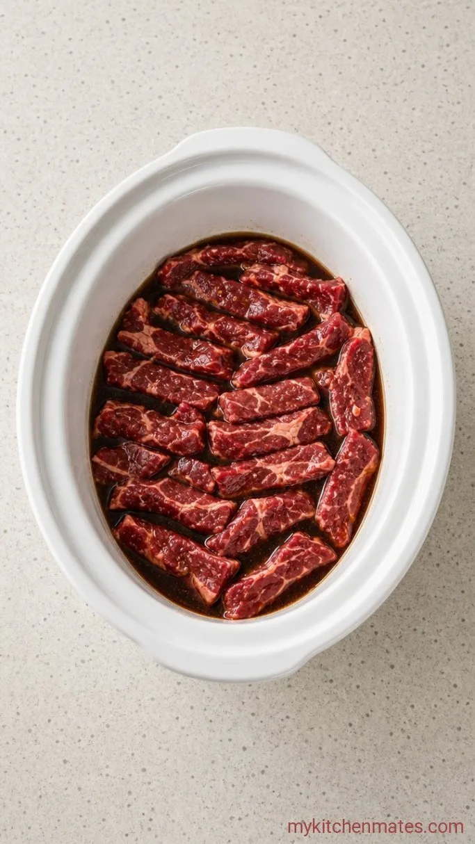 Tender Crockpot Beef and Broccoli Step 2: Layer the Beef