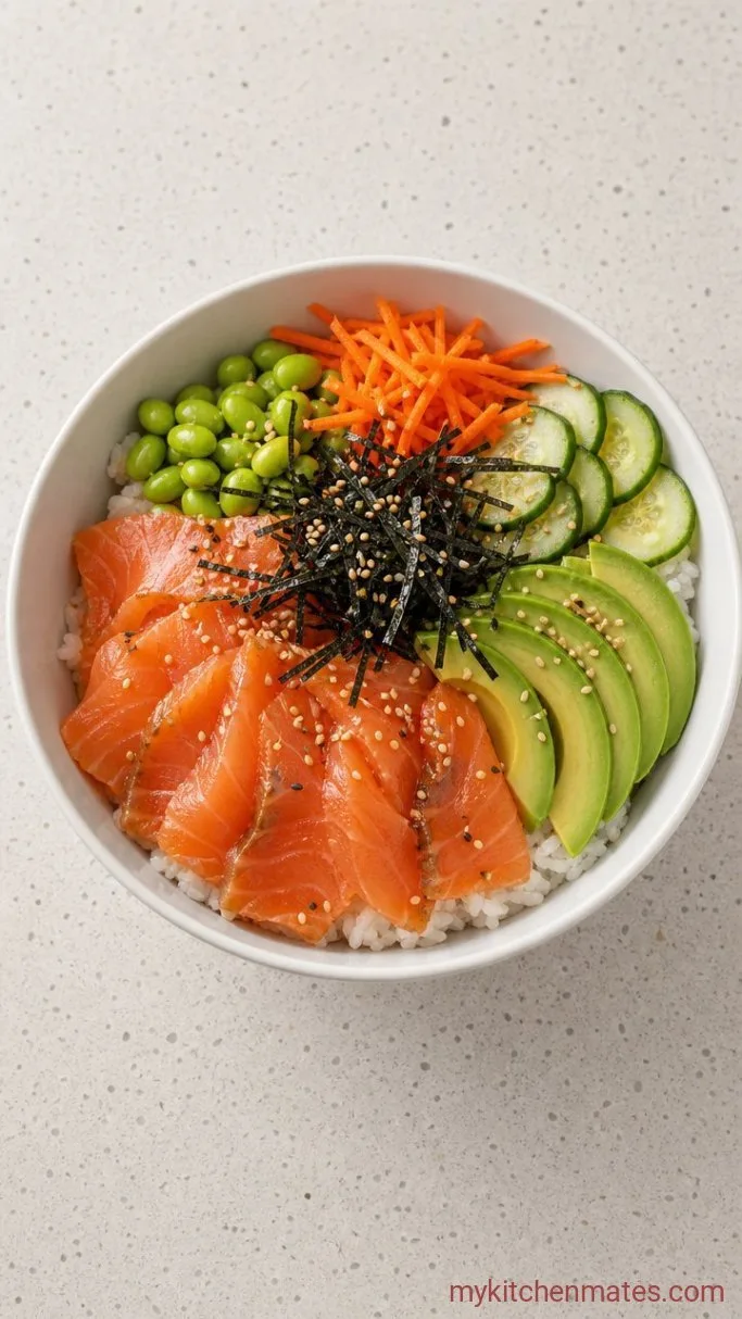 10-Minute Smoked Salmon Bowl with Creamy Sesame Dressing Step 2: Layer the Bowls