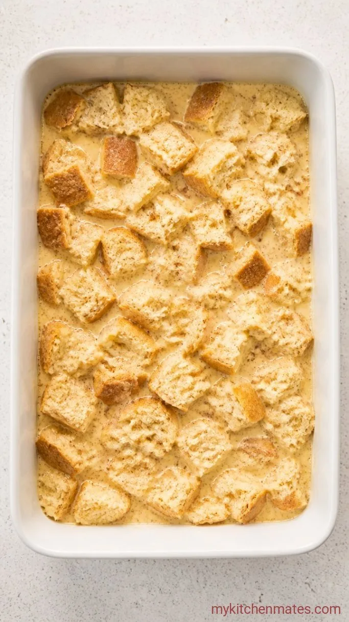 Make-Ahead Eggnog French Toast Casserole Step 2: Layer the Bread and Custard in the Baking Dish