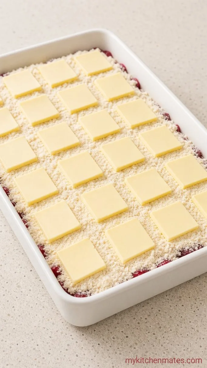 Quick And Easy Cherry Dump Cake Step 2: Layer the Cake Mix and Butter
