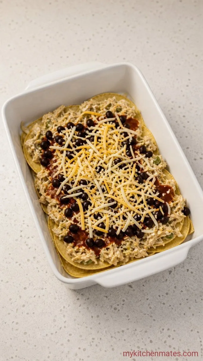 Cheesy Chicken Enchilada Casserole (No Rolling Required) Step 2: Layer the Casserole