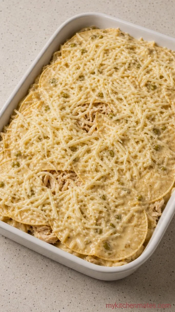Creamy White Chicken Enchilada Casserole Step 2: Layer the Casserole