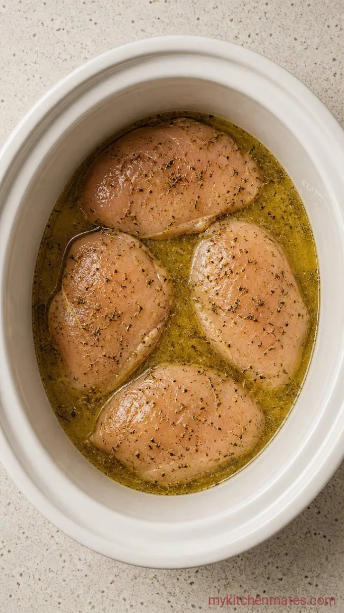 Step 2: Layer the Chicken and Broth