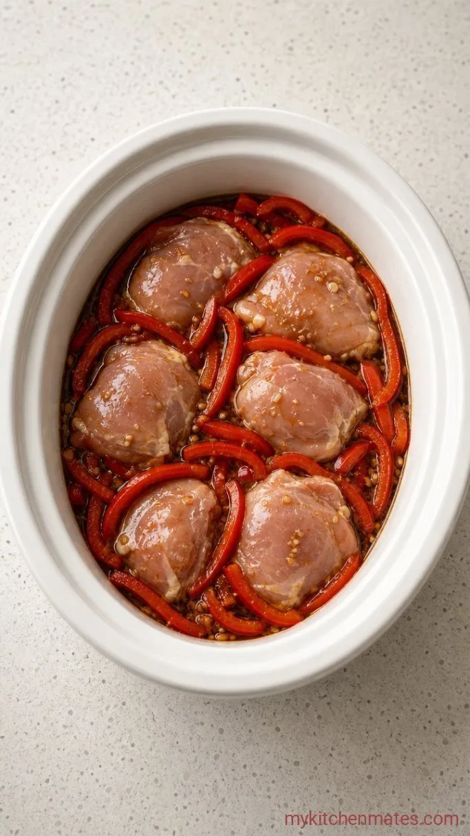 Step 2: Layer the Chicken and Peppers