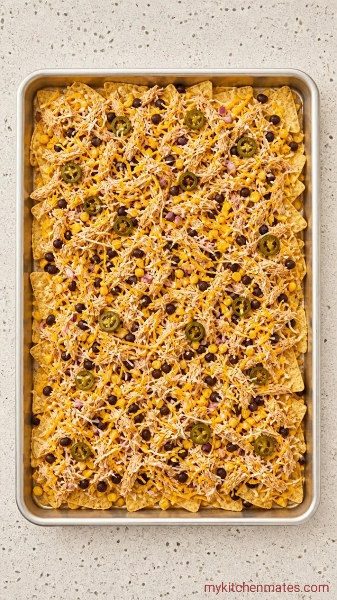 20-Minute Shredded Chicken Nachos Step 2: Layer the Chips and Toppings