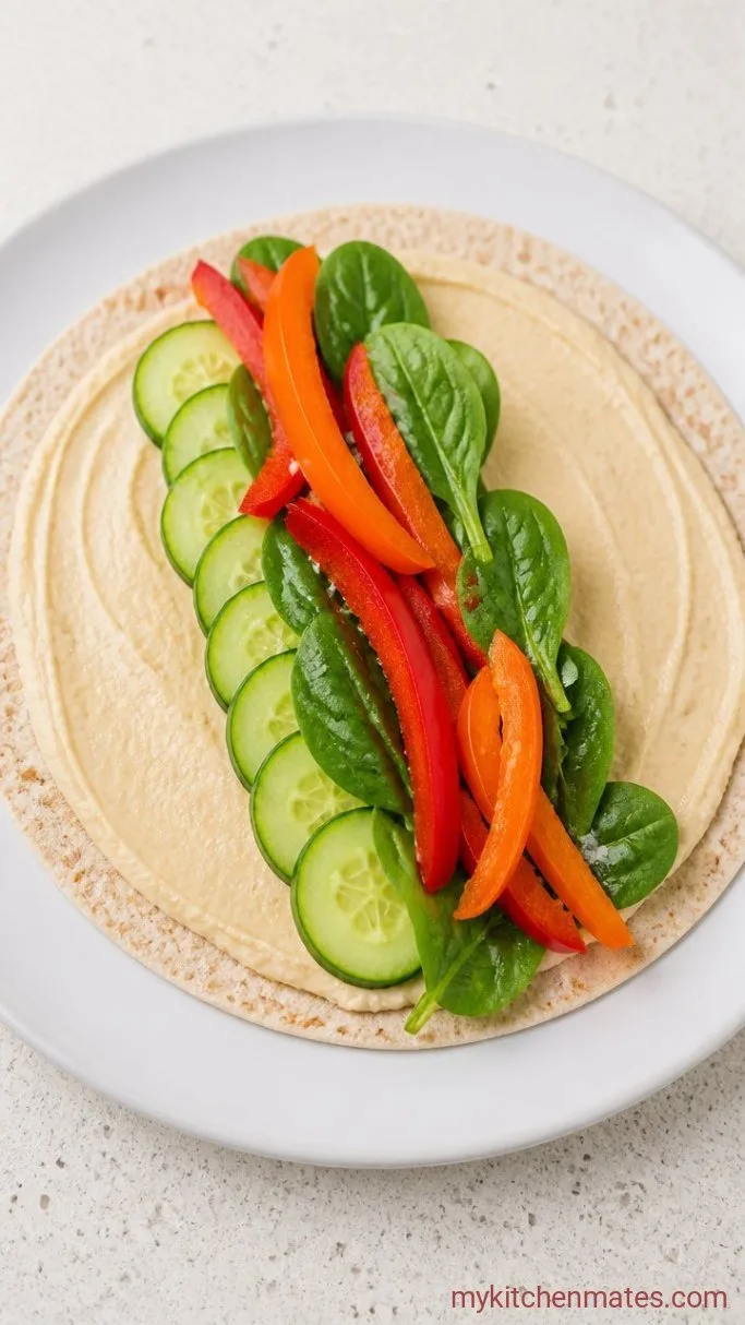 No-Cook Veggie Hummus Wrap Step 2: Layer the Crunch