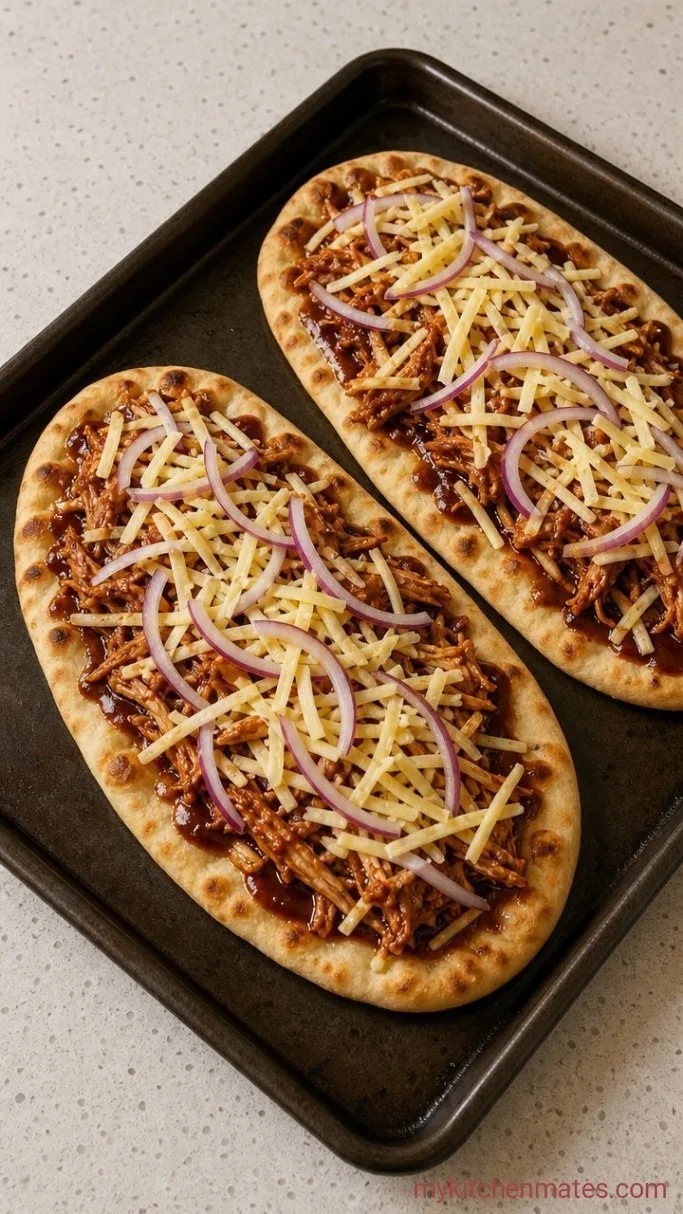 25-Minute BBQ Chicken Flatbread Step 2: Layer the Flatbreads