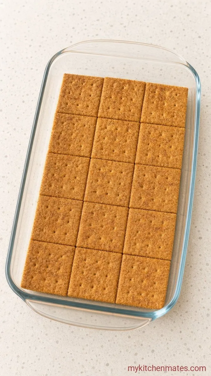 5-Ingredient No-Bake Chocolate Eclair Cake Step 2: Layer the Graham Crackers