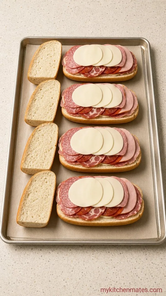 Hearty Italian Grinder Sandwich Step 2: Layer the Meats and Cheese