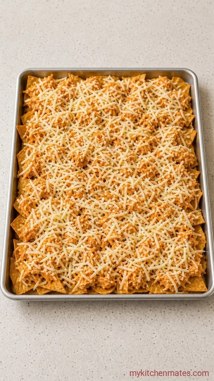 Crispy Buffalo Chicken Nachos (Sheet Pan Recipe) Step 2: Layer the Nachos
