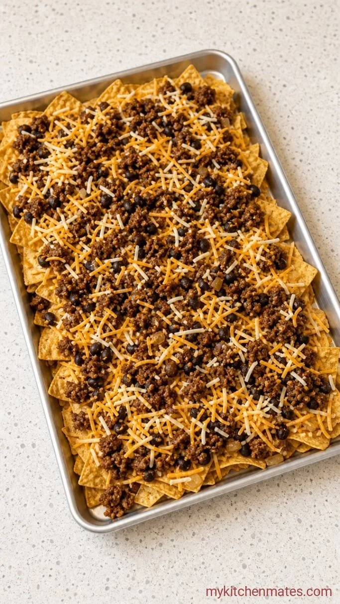 Quick and Loaded Sheet Pan Nachos with Ground Beef Step 2: Layer the Nachos