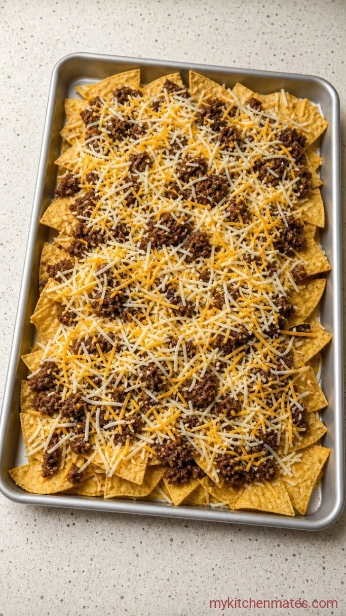 Sheet Pan Ground Beef Nachos Step 2: Layer the Nachos