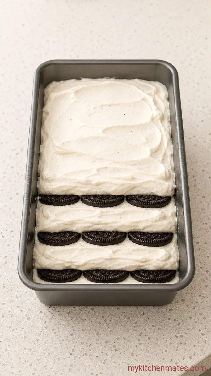 Easy No-Bake Oreo Biscuit Cake Step 2: Layer the Oreos and Cream