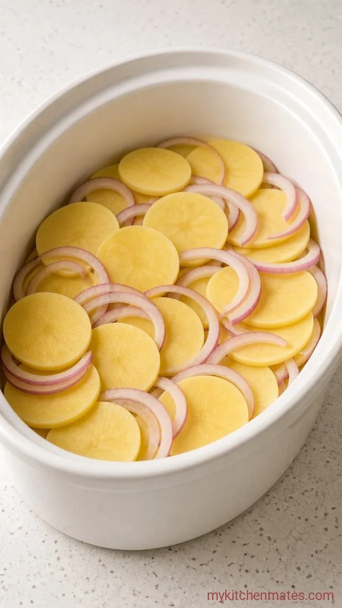 Hands-Off Crockpot Scalloped Potatoes Step 2: Layer the Potatoes and Onion