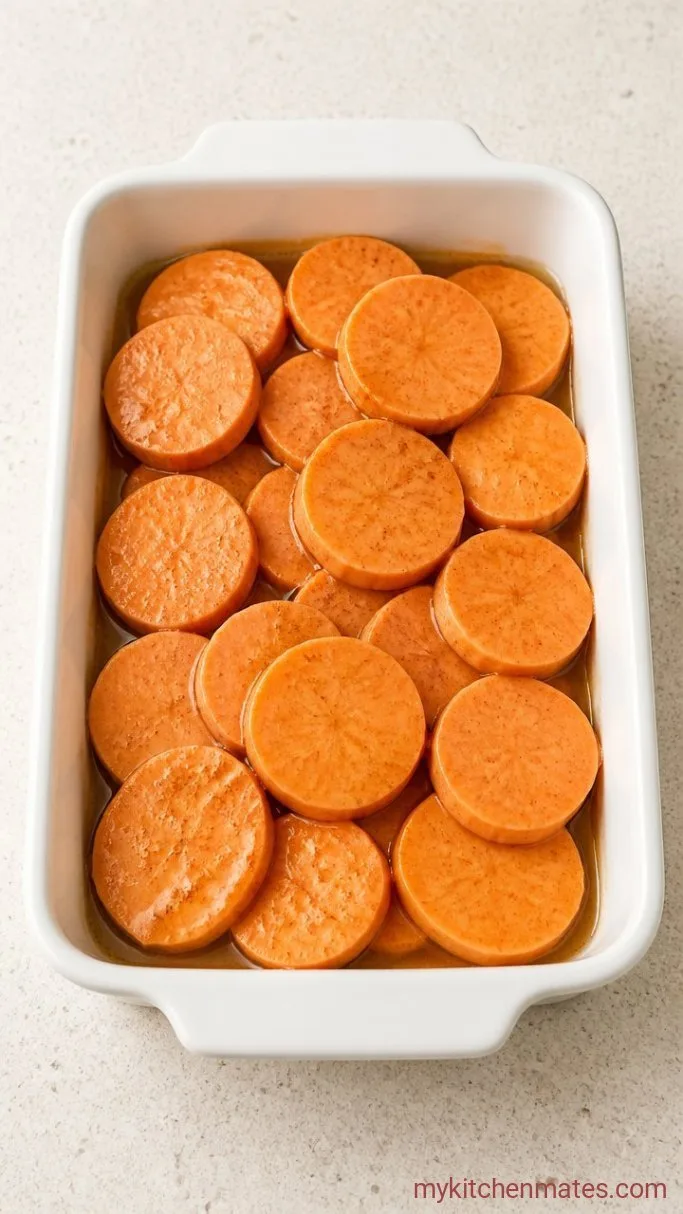 Sticky Brown Sugar Candied Sweet Potatoes Step 2: Layer the Potatoes