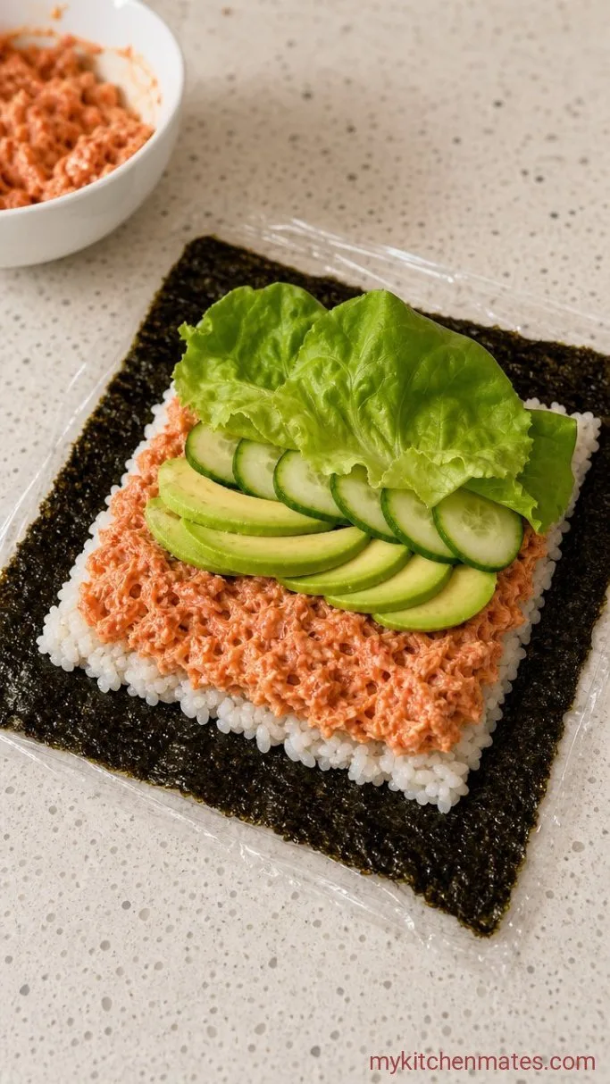 Spicy Tuna Onigirazu (Japanese Sushi Sandwich) Step 2: Layer the Rice and Fillings