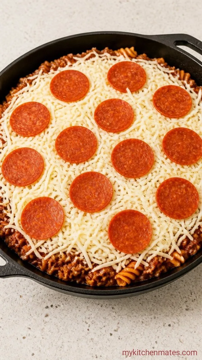 Cast Iron Skillet Upside Down Pizza (Crispy Pepperoni On Top) Step 2: Layer the Skillet