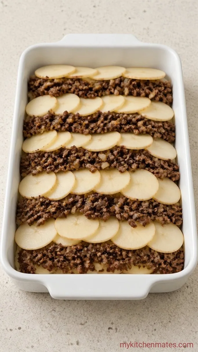 Hobo Casserole with Ground Beef, the Old-Fashioned Way Step 2: Layer the Sliced Potatoes