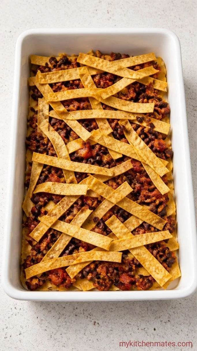Make-Ahead Mexican Breakfast Casserole Step 2: Layer the Tortillas and Chorizo Mixture