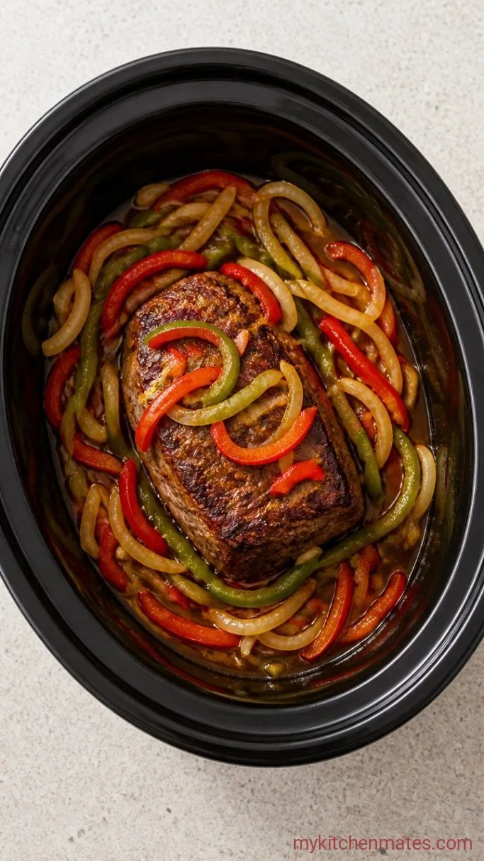 Crockpot Philly Cheesesteak with Melty Provolone & Peppers Step 2: Layer the Vegetables and Broth