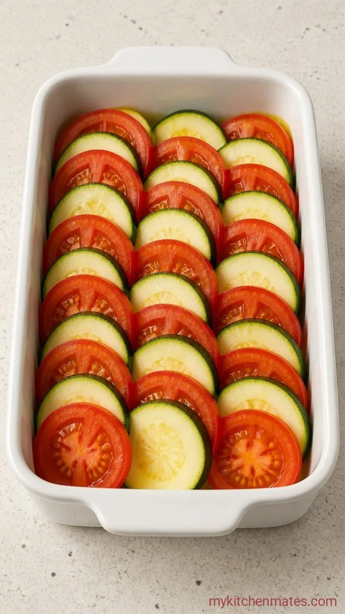 Quick Cheesy Zucchini Tomato Bake Step 2: Layer the Zucchini and Tomatoes