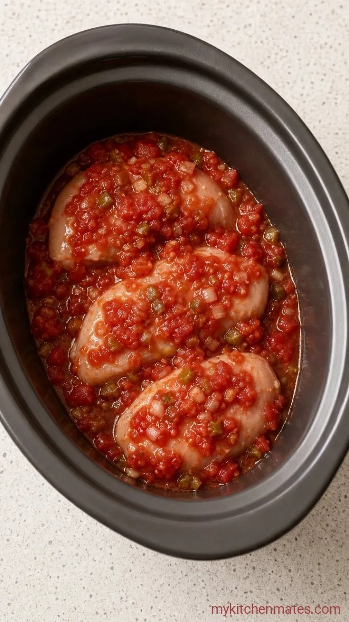 Juicy Crockpot Shredded Chicken Tacos Step 2: Layer with Salsa and Lime