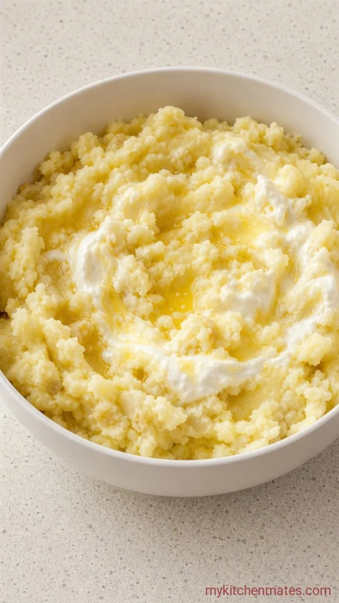 Make-Ahead Mashed Potato Casserole Step 2: Mash With Butter and Sour Cream
