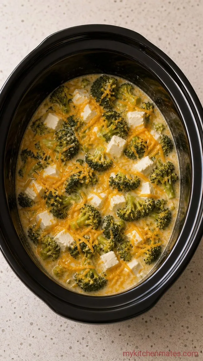 Creamy Crockpot Broccoli Cheese Soup Step 2: Melt in the Cream Cheese and Cheddar