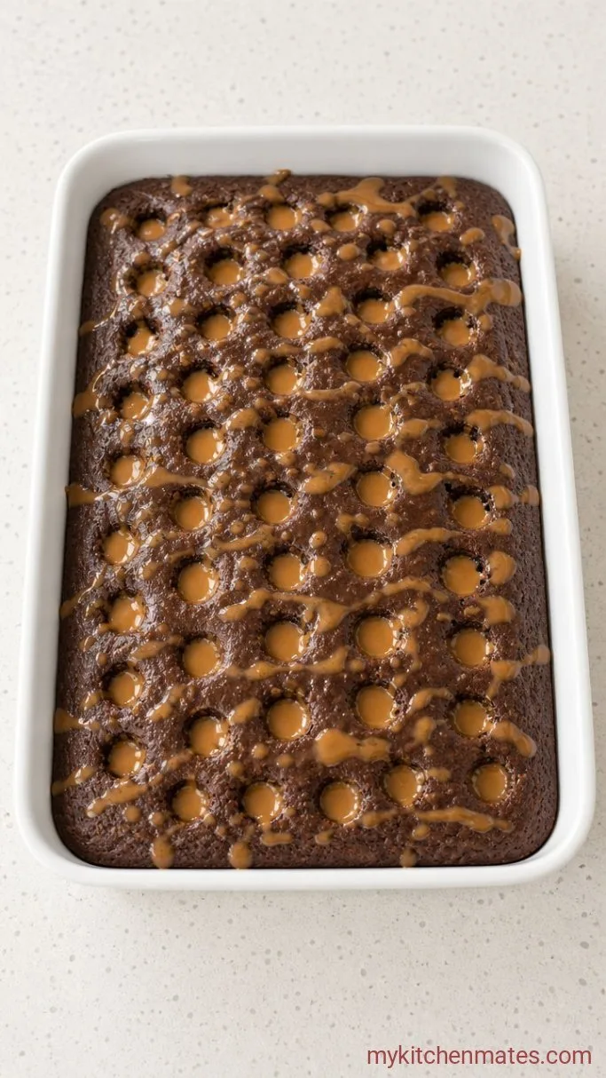 Chocolate Peanut Butter Poke Cake Step 2: Poke and Fill the Cake
