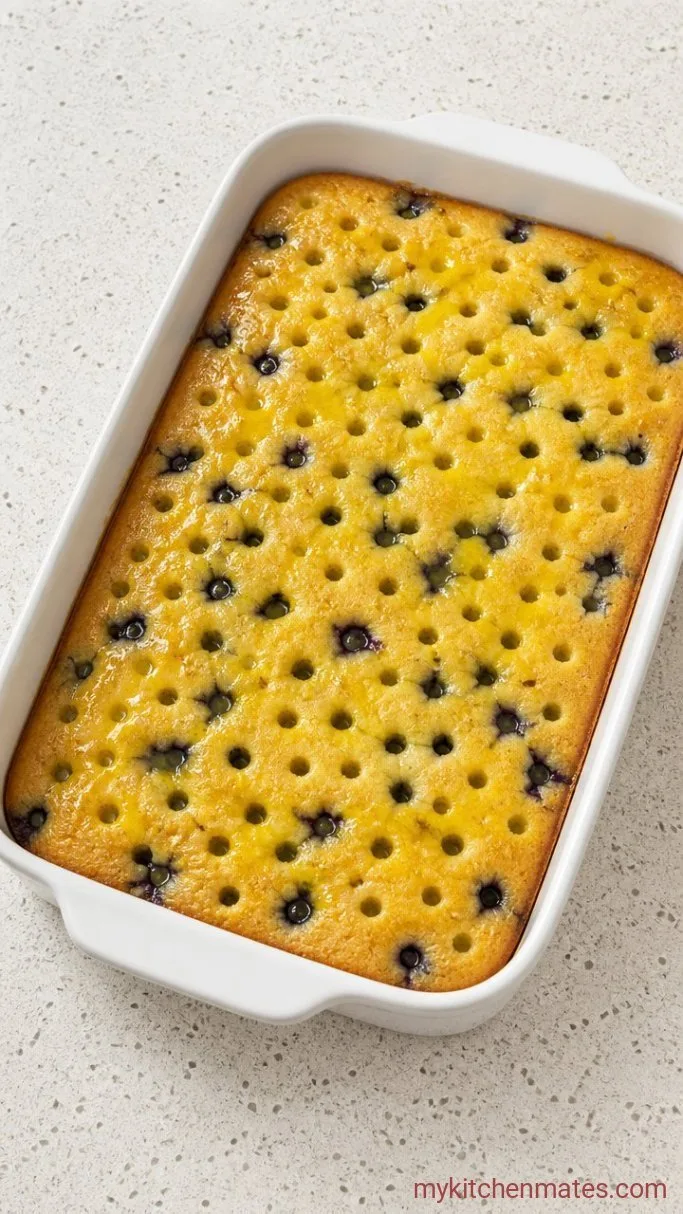 Easy Lemon Blueberry Poke Cake Step 2: Poke and Pour the Lemon Soak