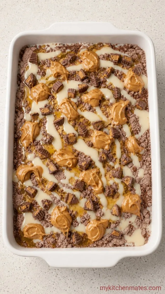 5-Ingredient Peanut Butter Cup Dump Cake Step 2: Pour and Dollop the Wet Ingredients