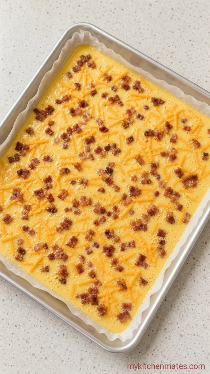 Sheet Pan Eggs: The Fastest Way to Make Breakfast Sandwiches Step 2: Pour and Layer the Fillings