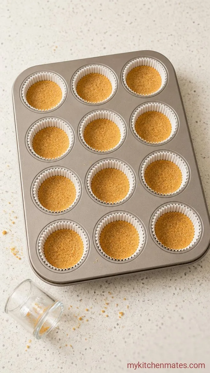 15-Minute No-Bake Mini Cheesecake Bites Step 2: Press the Crusts into the Liners