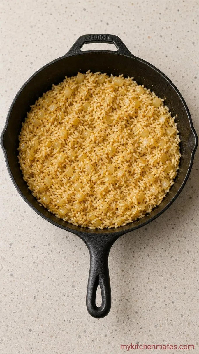 One-Pan Cheesy Chicken and Rice Bake Step 2: Sauté the Aromatics and Rice