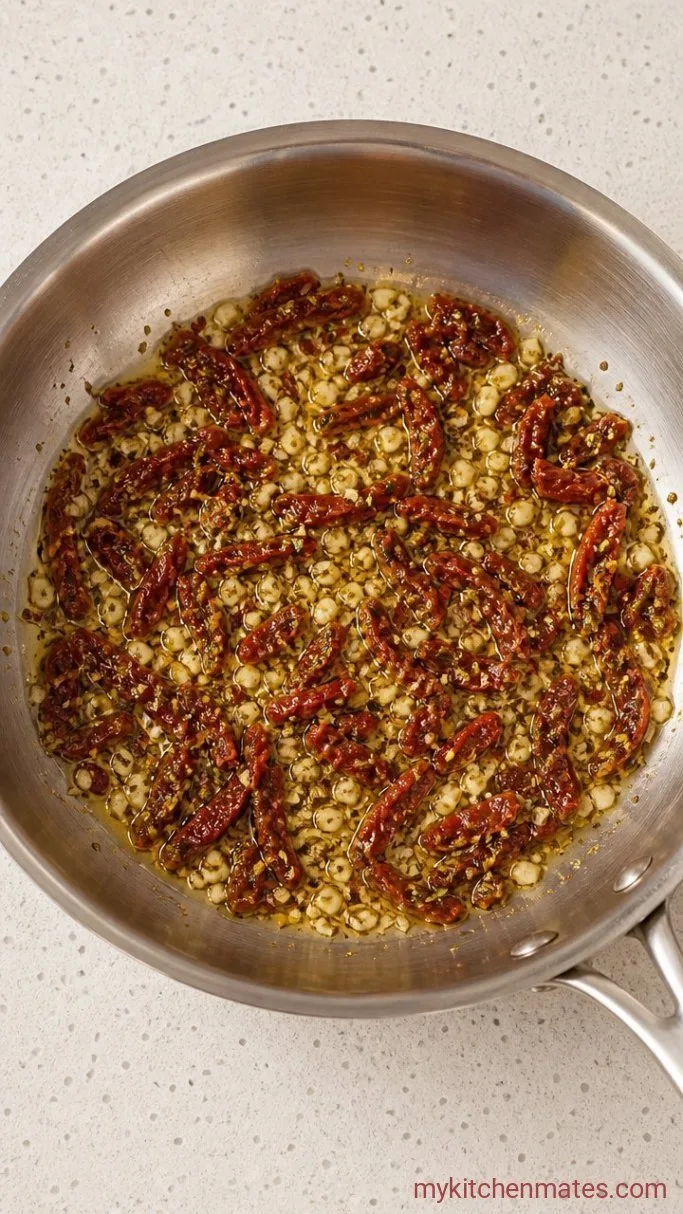 Creamy One-Pan Italian Chicken Pasta Step 2: Sauté the Aromatics and Sun-Dried Tomatoes