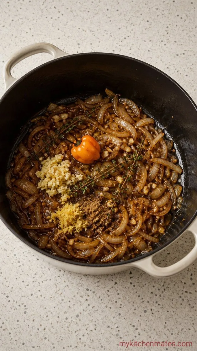 Sticky Jamaican Brown Stew Chicken Step 2: Sauté the Aromatics