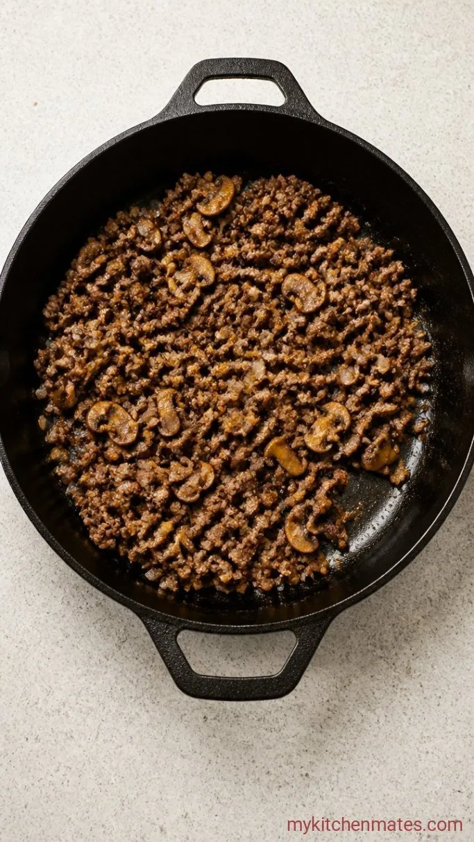 Creamy One-Pot Ground Beef and Noodles Step 2: Sauté the Mushrooms and Onion