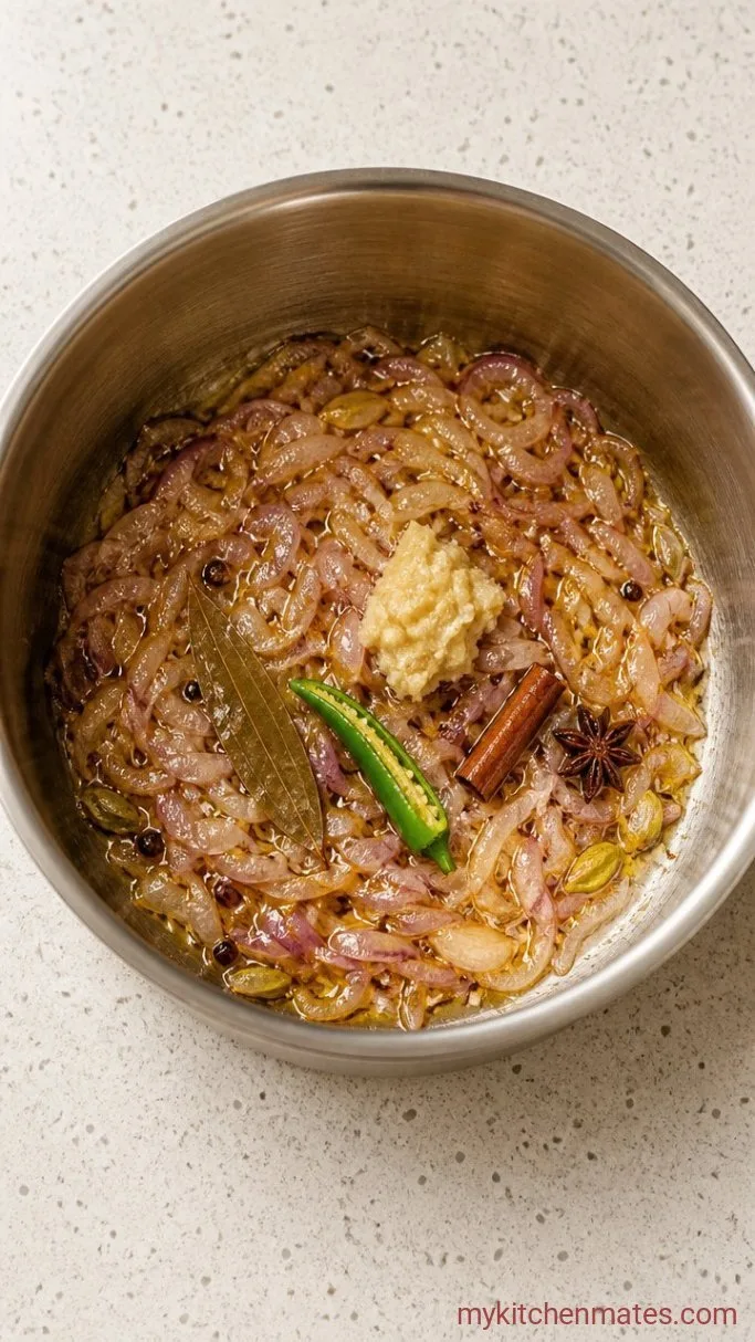 Fragrant Vegetable Pulao (Indian Rice Pilaf) Step 2: Sauté the Onion and Aromatics