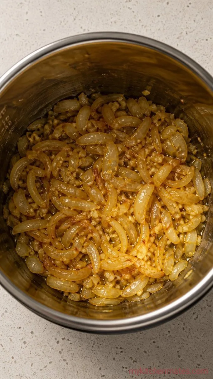 Tender Instant Pot Beef Brisket in 90 Minutes Step 2: Sauté the Onion and Garlic