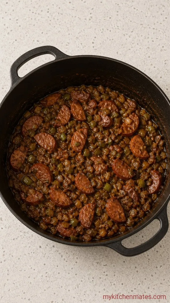 Shrimp and Sausage Gumbo with a Dark Roux Step 2: Sauté the Trinity and Sausage
