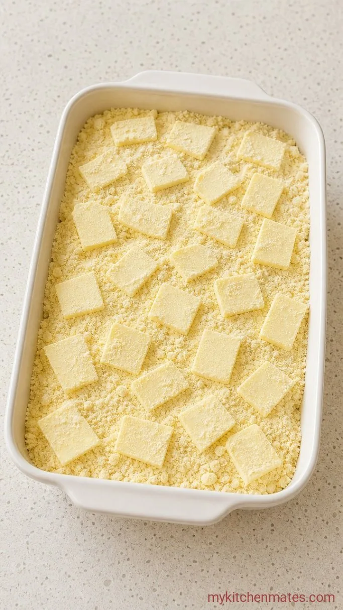 Step 2: Scatter the Dry Cake Mix and Butter