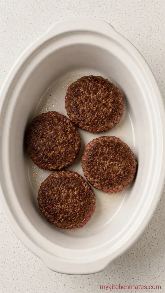 Crockpot Hamburger Steaks with Onion Gravy Step 2: Sear the Patties