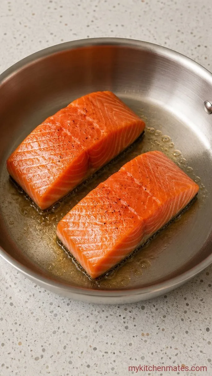 15-Minute Crispy Pan Fried Salmon Step 2: Sear the Salmon Skin-Side Down