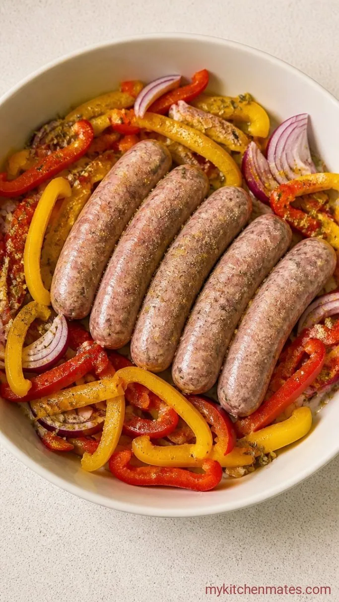 Easy Italian Sausage Sheet Pan Dinner Step 2: Season the Sausages and Veggies