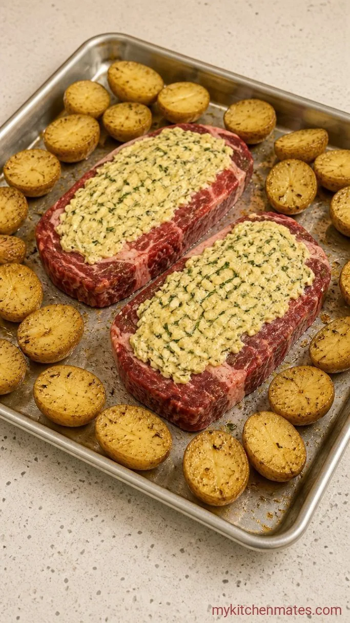 Easy Sheet Pan Steak and Potatoes with Garlic Butter Step 2: Season the Steak